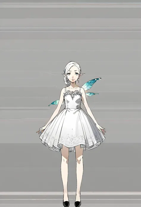 a woman in a white dress and black shoes stands in front of a white wall, full body fairy, full body portrait, official characte...