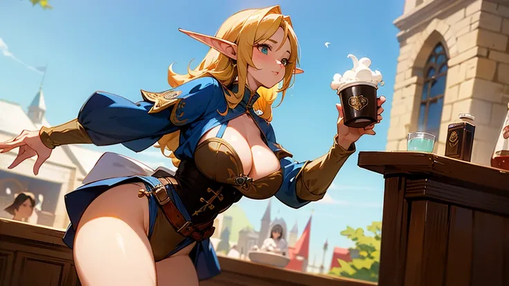 Anime Style,Nostalgic,Detailed background,The medieval world,A lively coffee shop with lots of people,Beautiful sky,Beautiful bard elf girl holding coffee,Big cleavage,Healthy thighs,Protruding buttocks