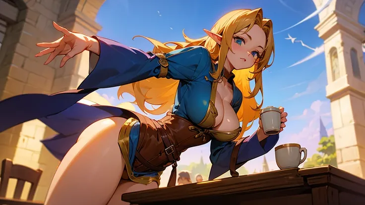 Anime Style,Nostalgic,Detailed background,The medieval world,A lively coffee shop with lots of people,Beautiful sky,Beautiful bard elf girl holding coffee,Big cleavage,Healthy thighs,Protruding buttocks