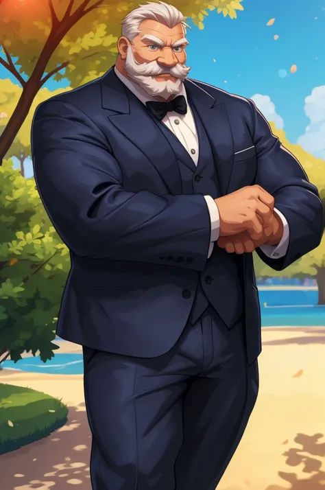 a muscular old man in park, happy, summer, suits, vector, mwvector, bokeh, smile, (masterpiece:1.2),(best quality,8k),huge and muscular,thick arms,short hair,white hair