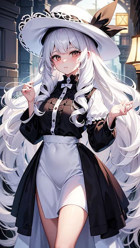 A woman with white hair, long curly hair, white eyes, wearing a cute outfit. 