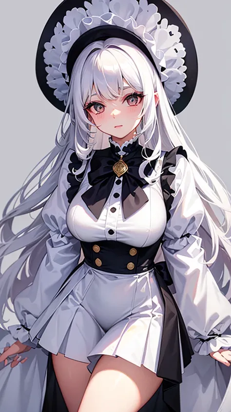 A woman with white hair, long curly hair, white eyes, wearing a cute outfit. 