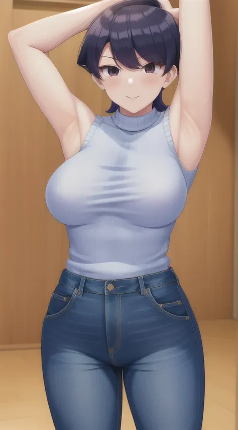 pixel-komi-shuuko, 1girl, solo, knitted sweater, tight jeans , masterpiece, best quality , sleeveless, arms up, armpits visible