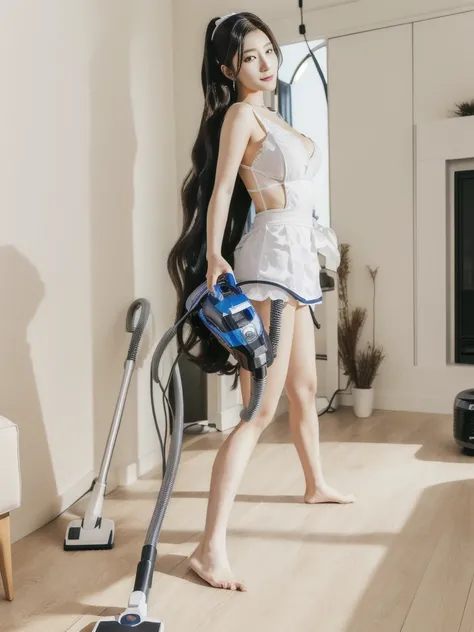 Woman using a vacuum cleaner in the living room with a dog, anime maids riding early tanks, true realistic image, realistic!!, [ realistic photo ]!!, ultra realistic picture, ultra realistic masterpiece, funny art, maid, A true masterpiece, realistic!, gor...