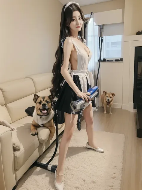 woman using a vacuum cleaner in the living room with a dog, anime maids riding early tanks, true realistic image, realistic!!, [...