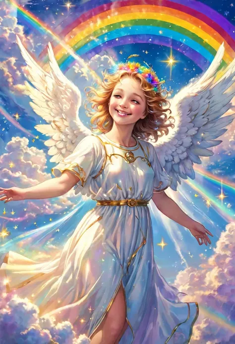 Close-up of an angel remembering joyful memories, miracles, smiling, love, healing, clouds, heaven, shooting stars, big rainbow colored light