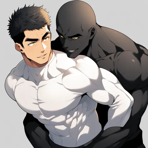 anime characters：Two superheroes in tights, Muscle superhero, negro black skin, They hugged and kissed each other, Bite your neck, Caress, Manliness, male focus, Yellow and black high collar long sleeve tight T-shirt, Slightly transparent material, Very ti...