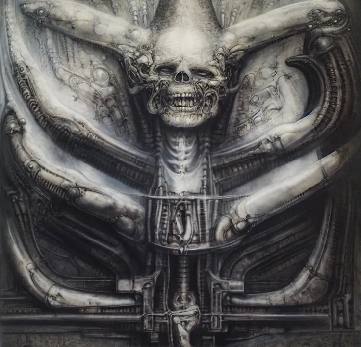 Giger_style, The image is a detailed view of H.R. Gigers " Landscape XVI " plate, featuring a complex network of bones and organs in a purple-brown hue ,swirling gray and brown colors. The artwork is silver and purplish brown, with an ivory bones prominent...