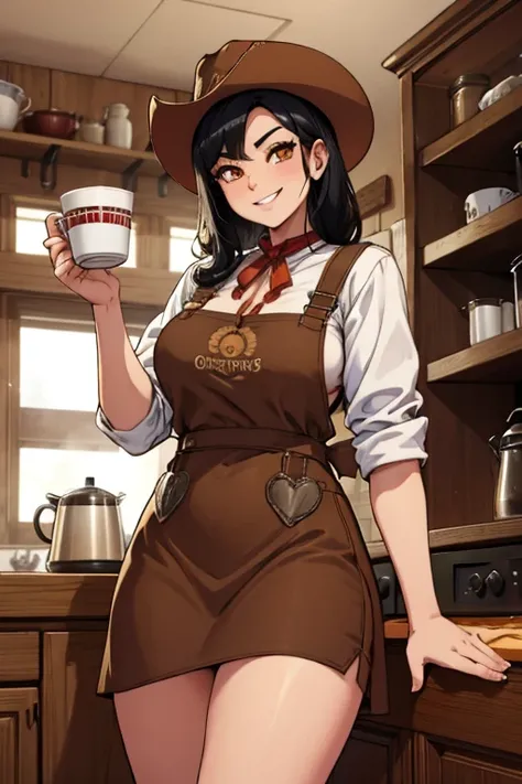 perfect face, perfect hands. A black haired female cowgirl with orange eyes in a conservative cowgirl outfit is making coffee in a kitchen in a wild west town with a big smile.