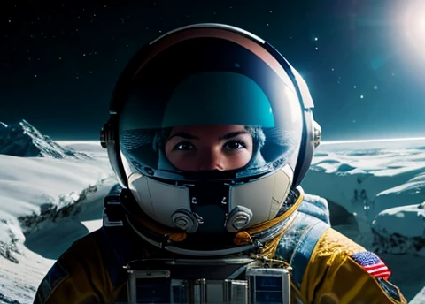  Astronaut looking scared at the spectator, transparent space helmet visor, In the scenario there are immense frozen mountains. The soil and frozen environment, snow covered, icy storm 