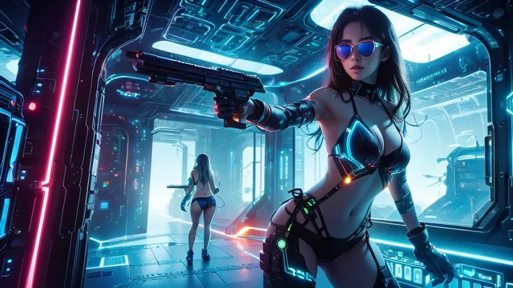 (((a medium-breast bikini slim GIRL with black (micro) sunglasses))), (((((aiming at viewer with a pistol))))), a balcony of a futuristic building, aerial view of an ultra-futuristic megalopolis, metal buildings and houses in dark colors from dark blue to ...