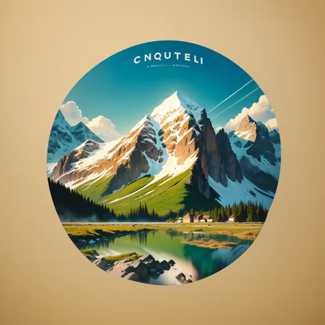 a close up of a logo for a company wÉlh a mountain in the background, etiqueta de montaña, inspirado en Hiroshi Yoshida, courful Ellustration, por Cicely Hey, obra de arte oficial, imagen, carátula del álbum, El, portada del álbum, hurufiyya, logo, logo, i...