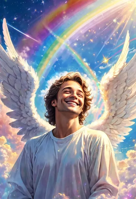 close-up of a beautiful angel man  remembering joyful memories, miracles, smiling, love, healing, clouds, heaven, shooting stars...