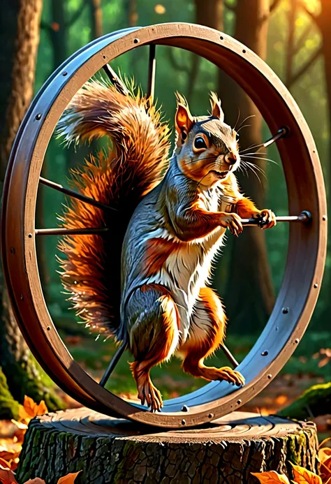 masterpiece, squirrel spinning in a wheel, digital painting, 8K, octane ink, digital art, 8K resolution, 4K resolution, aesthetics". Fairytale illustration of a squirrel running in a wheel