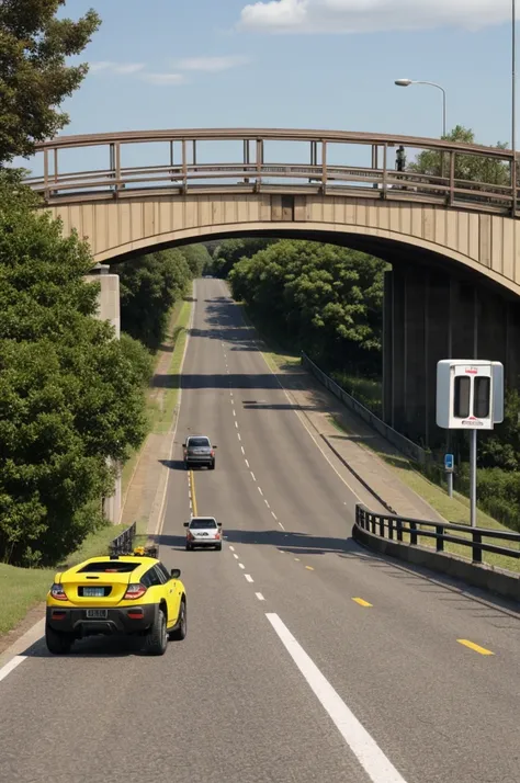 A cat-proof dog car is placed on the bridge.
