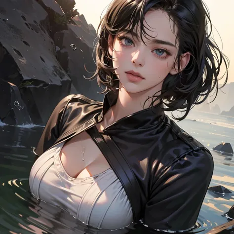 maximum quality, work of art, ultra high definition, (photorrealistic: 1.4), CRU photo, 1 girl, Bblack hair, shining skin, body soaking wet, dramatic lighting, whole body, (((microbiquini)), Colossal