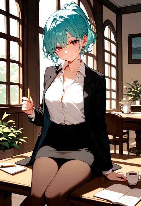 score_9, score_8_up, score_7_up, (high res, best quality, masterpiece), 1woman, female focus, cyan hair, beautiful ruby eyes, short hair, ponytail, slightly open white collared shirt, suit, loose tie, pencil skirt, pantyhose, small smile, relaxed, coffee,