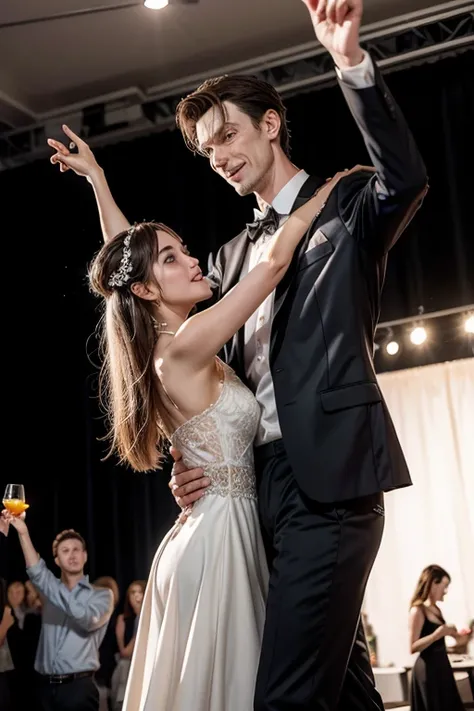 Tall man dancing with woman at party 