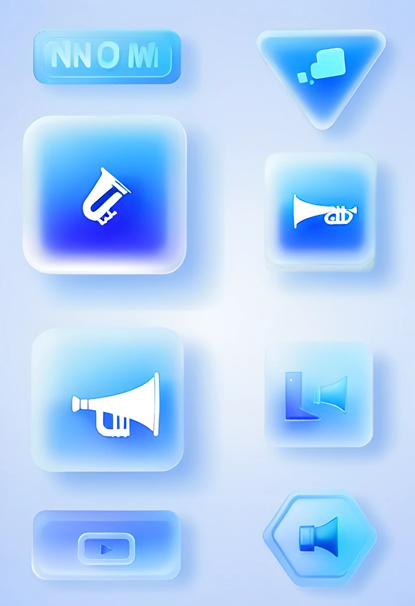 trumpet，Notification Icons，Cartoon style，Blue gradient，Frosted glass texture，