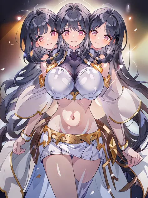 (masterpiece, best quality), best resolution, (3heads:1.5), 1girl, black hair, long flowing hair, smiling, seductive smile, open belly, white crop top, white miniskirt, open breasts, big tits, very huge tits, black headband, beautiful eyes, alluring presen...