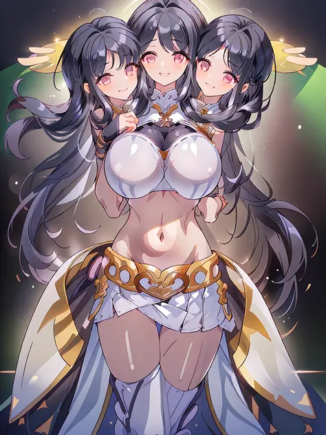 (masterpiece, best quality), best resolution, (3heads:1.5), 1girl, black hair, long flowing hair, smiling, seductive smile, open belly, white crop top, white miniskirt, open breasts, big tits, very huge tits, black headband, beautiful eyes, alluring presen...