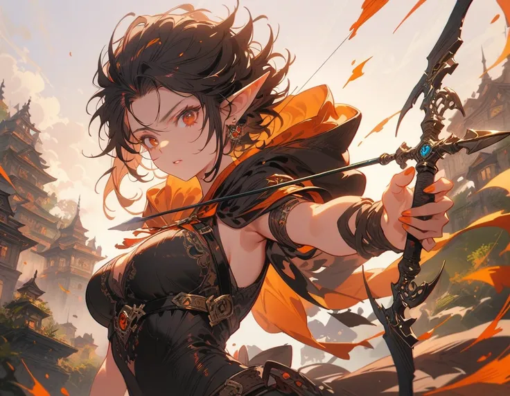 1girl, dark elf, kyuudou, large breasts, hooded cloak, bow and arrow, highly detailed, intricate, fantasy, dark mood, (best quality,4K,8K,highres,masterpiece:1.2),ultra-detailed,Elf female archer holding a bow and arrow,Bow drawing action