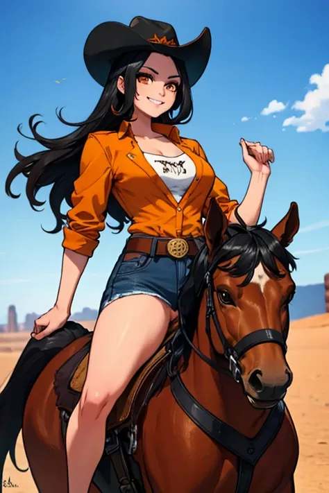 perfect face, perfect hands. a black haired female cowgirl with orange eyes in a conservative cowgirl outfit is riding a horse i...