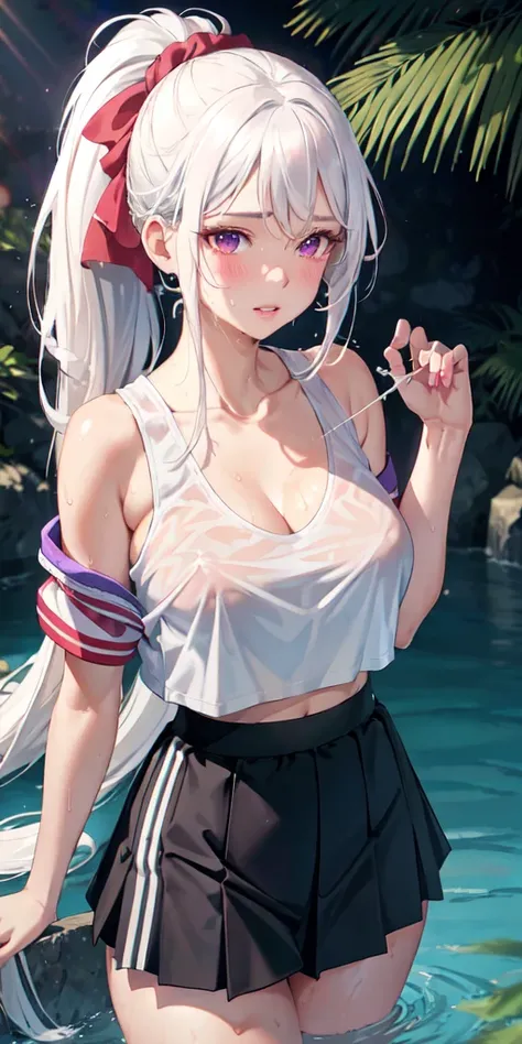 realistic, 1girl, ponytail, parted lips, blush, makeup, light smile, white hair, sportswear, skirt, wet clothes, glow, thighs, purple eye, bare shoulders, collarbone, narrow waist, sunbeam, sunlight, rose, wind, cleavage, (masterpiece), sweat,