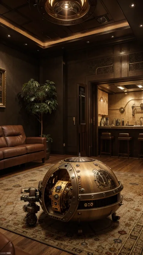 An organic steampunk mechanical sci-fi UFO sitting on the living room floor with modern planted carpet, modern interior decoration, high quality photos, Ultra-high resolution, (Realistic:1.4), theater lighting, Extremely detailed, Surreal, fine details, Oc...