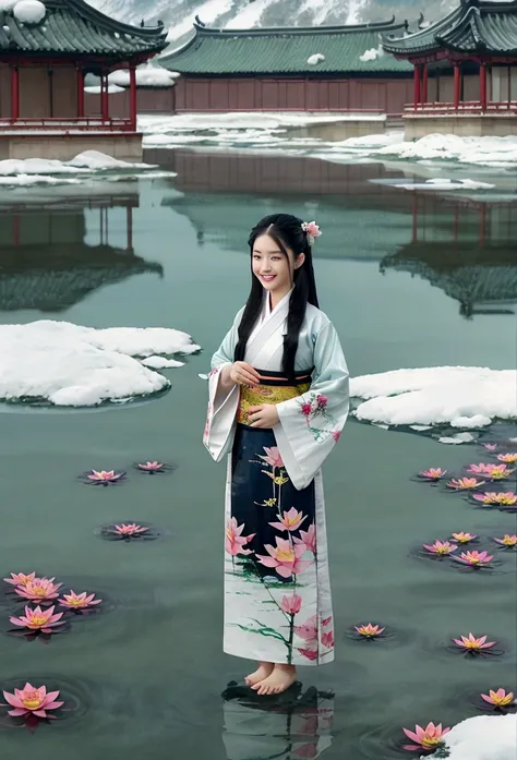 chinese painting, lotus, hanfu, maxiskit, dress conservatively 1girl, solo, long hair, smile, standing, feet in the water, baref...