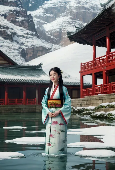 chinese painting, lotus, hanfu, maxiskit, dress conservatively 1girl, solo, long hair, smile, standing, feet in the water, baref...