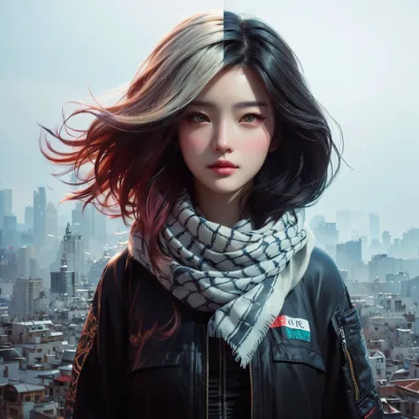 Hyperealistic, a close up of a person with a scarf on a city, artwork in the style of guweiz, beautiful digital artwork, realistic digital art 4 k, realistic digital art 4k, styled digital art