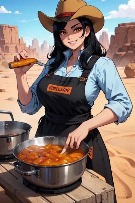 perfect face, perfect hands. a black haired female cowgirl with orange eyes in a conservative cowgirl outfit is cooking dinner i...