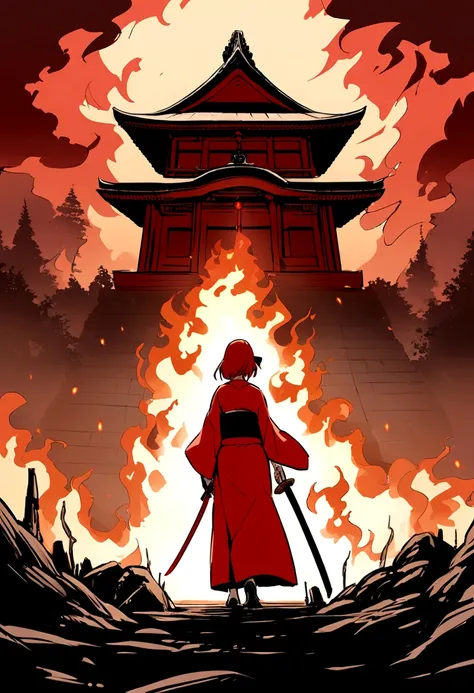 The background is a temple in the Japan that is in flames.、midnight、red hairs、Woman in white kimono holding Japan sword、Women are also burning