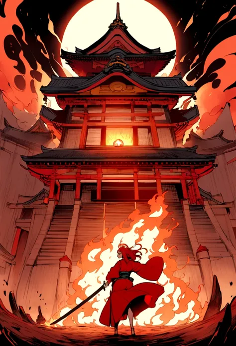 The background is a temple in the Japan that is in flames.、midnight、red hairs、Woman in white kimono holding Japan sword、Women are also burning