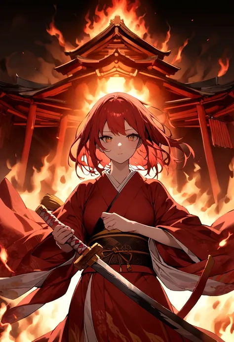 The background is a temple in the Japan that is in flames.、midnight、red hairs、Woman in white kimono holding Japan sword、Women are also burning