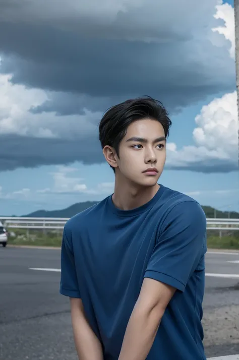 young man in a blue shirt Standing on the roadside with a serious expression, looking into the distance，Eyebrows frowned.，He looked worried.，Turn your head slightly.，Cloudy day, coffee shop