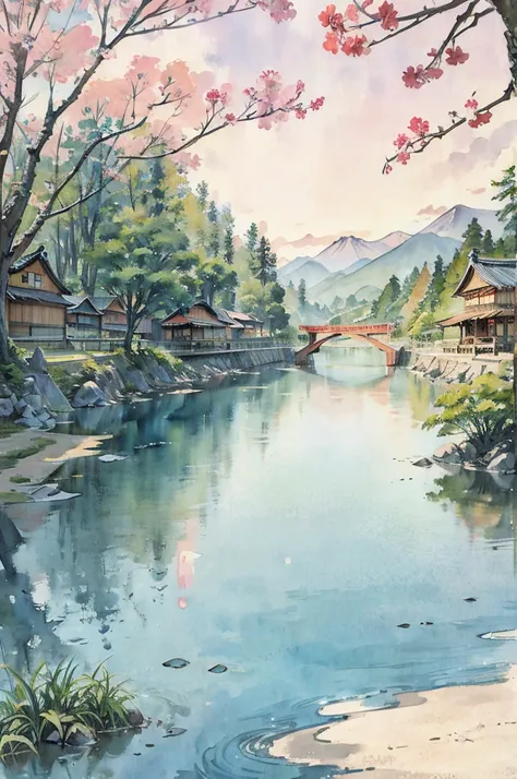 Old-fashioned Japanese townscape in summer、Nostalgic、watercolor