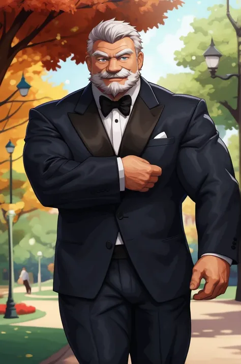 a muscular old man in park, happy, suits, vector, mwvector, bokeh, smile, (masterpiece:1.2),(best quality,8k),huge and muscular,thick arms,short hair,white hair