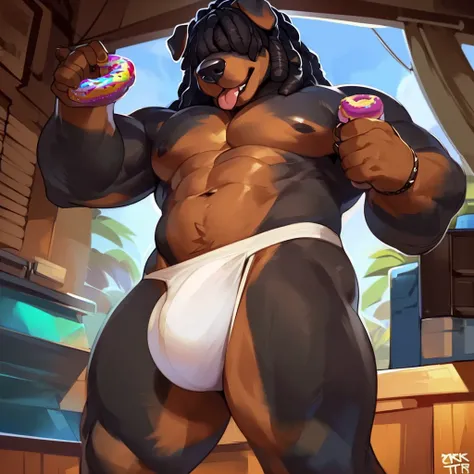 Solo, Anthro, male (((Rottweiler, muscular, abs, brown fur, black body, black hair, brown snout, brown tipped hair, dreadlocks over eyes, dreadlocks, hair over eyes, white thong, huge bulge))) standing, panting, tongue out, holding donut, chocolate donut, ...