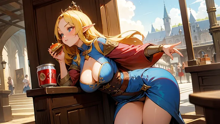 Anime Style,Nostalgic,Detailed background,The medieval world,A lively coffee shop with lots of people,Beautiful sky,A beautiful bard elf girl holding a cola and a hamburger,Big cleavage,Healthy thighs,Protruding buttocks