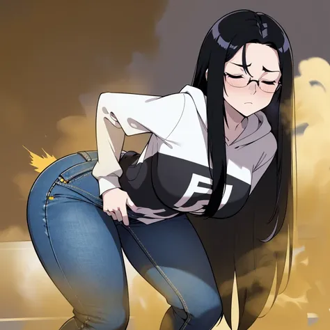 solo,1female,((black hair, long hair, hair swept to sides, smart looking hair, boyish hair)),pale skin ,glasses, hoodie tshirt, blue jeans, thin body, tall and skinny, massive fart, yellow smoke rising, relieved face, relief, closed eyes, climax, climax fa...