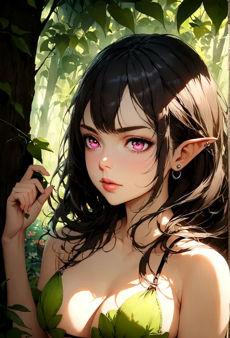 A beautiful young woman (Mila Kunis 25) with piercing eyes, delicate features, and waist length flowing dark hair with colorful flowers braided in, playing an elf in a naturalistic forest setting, wearing a fig leaf bikini and wielding a handcrafted bow an...