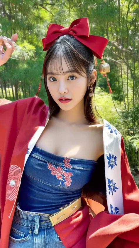 Asian woman in her fifties taking a photo wearing a red kimono top and denim shorts, Young Gravure Idol, Young and cute gravure idol, Japanese Goddess, realistic Young Gravure Idol, shikamimi, Japanese Model, Young and skinny gravure idol, Young and sexy g...