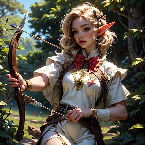 ((Put an arrow in your bow, aim at the wild boar and shoot_Archery Master_Elf:1.9))、Blonde medium hair、Big Breasts、Narrow waist、Big Butt、Ideal proportions、Oily skin with detailed、(Wearing a revealing, beautiful and delicate outfit:1.5)、Carry a quiver full ...