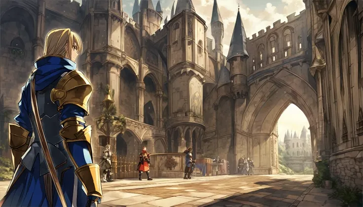 ((Anime Infinite Stratos Art, inspirado em Final Fantasy Tactics)), The theme is action.  Its daytime, 3pm.  The theme is action.  Its daytime, 3pm.  The setting is the interior of a large medieval castle, European style, very detailed, there is a battle o...