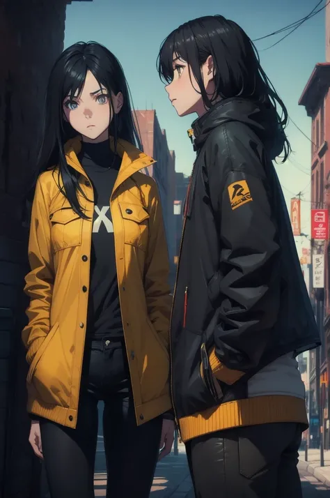 girl, Yellow Jacket, Put your hands in your pockets, Gazing at Other People, Long black hair, heterochromatic eyes, heterochromatic eyes, Heterochromatic pupil, 8K resolution, Very detailed, Anatomically correct, Digital Painting, Concept Art, Makoto Shink...