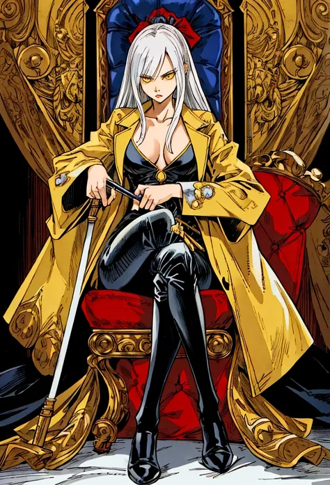 best quality，masterpiece，a high resolution，adult female, 1girl, mafia member, serious face, sitting on throne, legs crossed, vis...