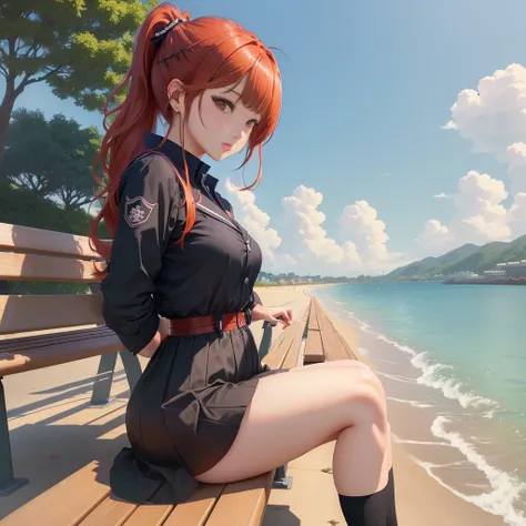 Anime girl sitting cross-legged on a beach bench,, 4k anime wallpaper, , Smooth anime CG art, Beautiful anime girl, High-quality anime art style, Young anime girl, Cute girl anime visual, Anime girl in black dress, Anime Wallpaper 4K, Anime Wallpaper 4K，Re...