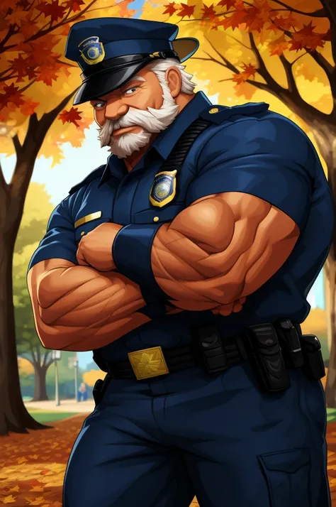 a muscular old man in park, happy, autumn, police, vector, mwvector, bokeh, smile, (masterpiece:1.2),(best quality,8k),huge and muscular,thick arms,short hair,white hair